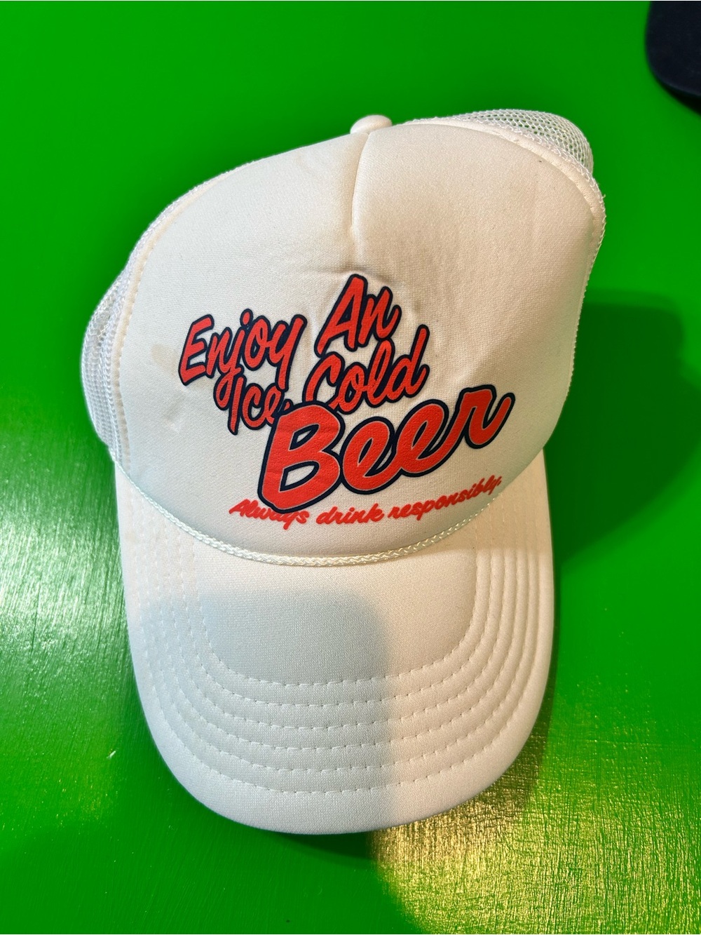 White Trucker Hat with Red 'Enjoy An Ice Cold Beer' Script